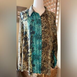 Chico's Silk Teal and Brown Batik Paisley Print Relaxed Fit Button Down Blouse